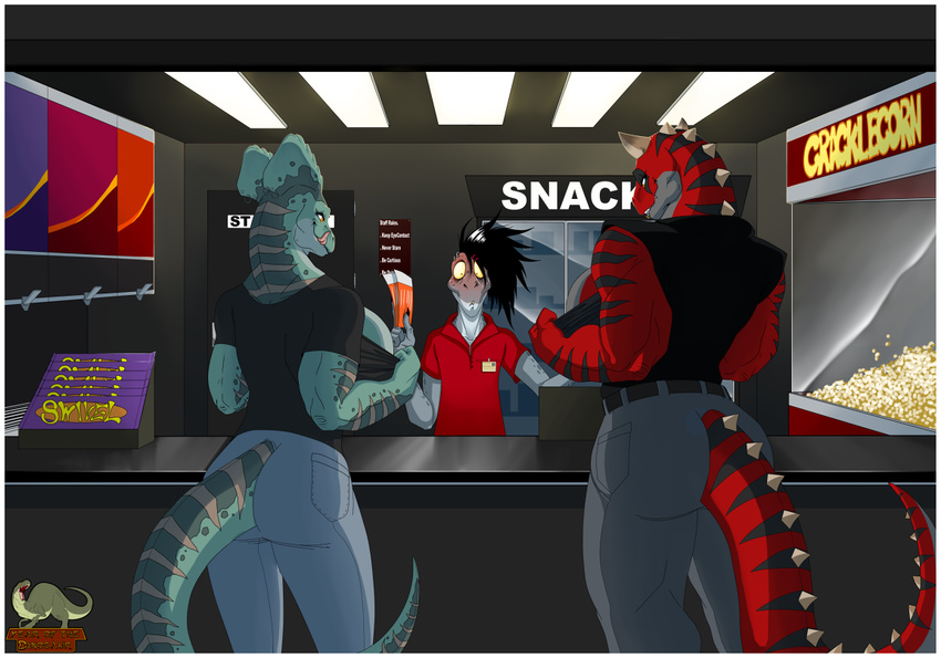 anthro beverage big_breasts black_hair blush breasts carnotaurus claws clerk clothed clothing digital_media_(artwork) dilophosaurus dinosaur dylian fang_matos female flashing food green_scales hair horn jeans licking licking_lips lordstevie male male/female movie_theater muscular muscular_female pants piercing popcorn public red_scales reptile scales scalie snacks soda spikes standing stripes surprise theropod tongue tongue_out