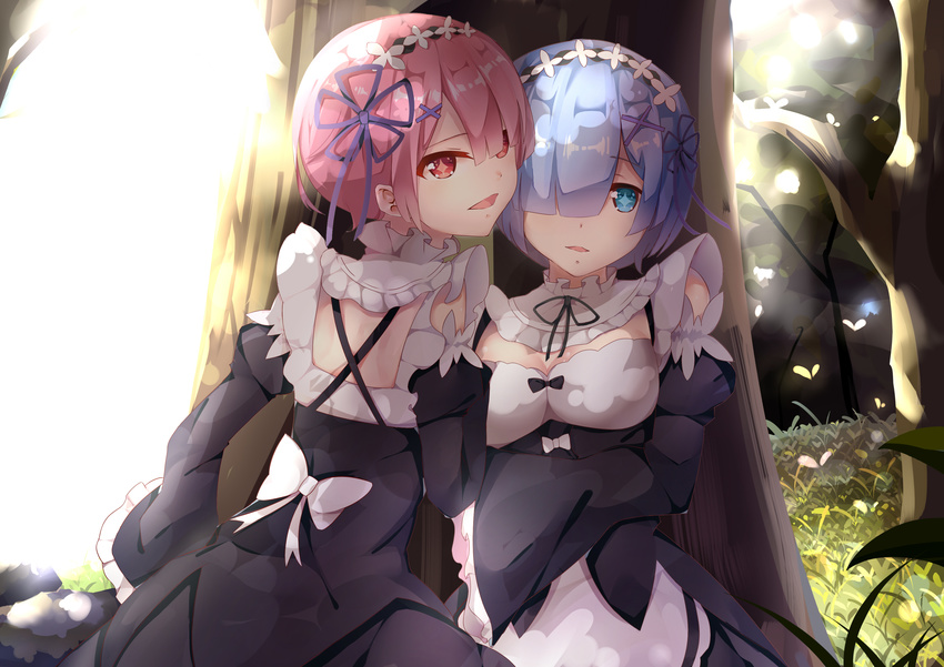 2girls absurdres against_tree blue_hair breasts capelet cleavage detached_sleeves grass hair_over_one_eye highres incest lingyan_heiye looking_at_viewer maid medium_breasts multiple_girls pink_eyes pink_hair ram_(re:zero) re:zero_kara_hajimeru_isekai_seikatsu rem_(re:zero) siblings sisters smile symbol-shaped_pupils tree twins yuri