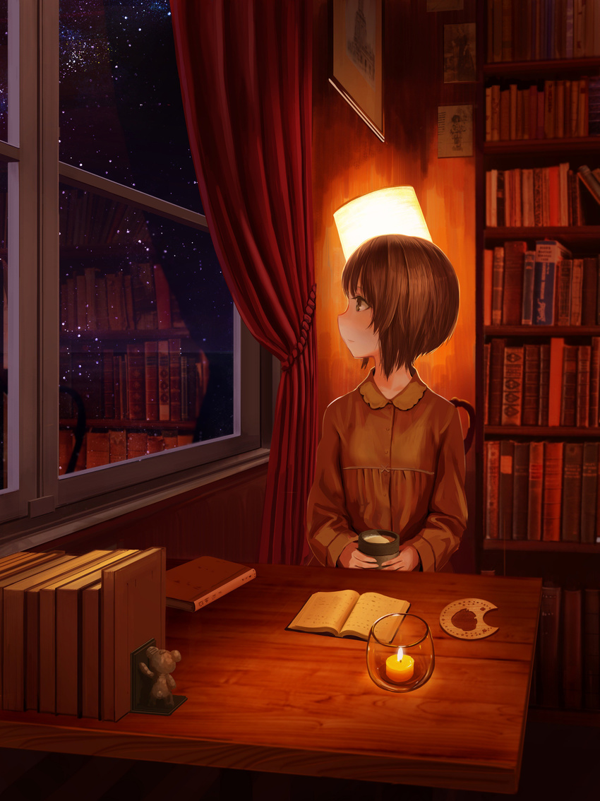 absurdres boko_(girls_und_panzer) book bookshelf brown_eyes brown_hair candle chair coaster cup curtains desk ginrin_shoujogun girls_und_panzer highres indoors lamp looking_out_window mug night nishizumi_miho open_book photo_(object) reflection short_hair sitting sky star_(sky) starry_sky window