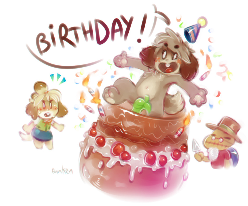 animal_crossing birthday blush brown_fur buckteeth cake candle canine clothed clothing confetti convenient_censorship digby_(animal_crossing) dog english_text female food fur hat isabelle_(animal_crossing) leaf male mammal nintendo nude open_mouth panken party_hat reptile scalie shocked simple_background skirt surprise sweat tagme teeth text tortimer_(animal_crossing) turtle video_games white_background yellow_fur