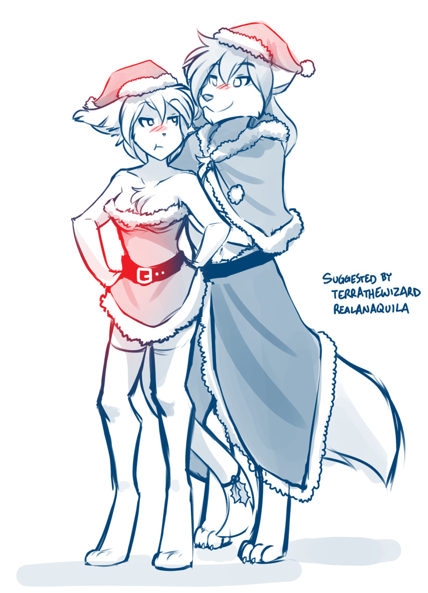 2018 ambiguous_gender anthro bare_shoulders barefoot basitin blush breasts canine chest_tuft christmas claws cleavage clothed clothing crossgender digitigrade duo female hands_on_hips hat hi_res holidays keidran keith_keiser legwear looking_back mammal miniskirt monochrome natani santa_hat simple_background sketch skimpy skirt small_breasts smile stockings thigh_highs toe_claws tom_fischbach tuft twokinds unamused webcomic white_background wolf