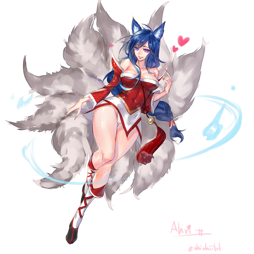 ahri animal_ears artist_name bare_shoulders black_hair breasts character_name cleavage covered_navel detached_sleeves facial_mark fox_ears fox_tail full_body heart heart-shaped_pupils highres hikarusorano korean_clothes large_breasts league_of_legends lips long_hair multiple_tails panties slit_pupils solo symbol-shaped_pupils tail underwear whisker_markings yellow_eyes