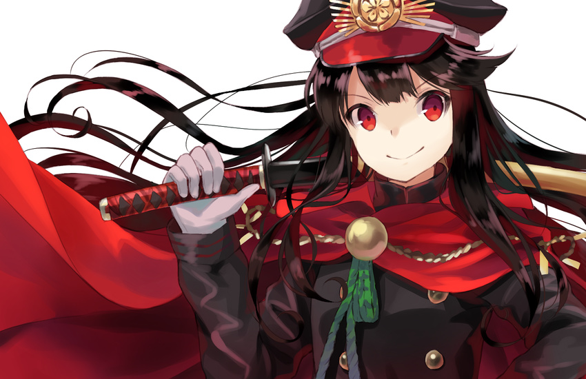 bangs black_hair closed_mouth double-breasted eyebrows_visible_through_hair family_crest fate_(series) floating_hair gloves grey_gloves hat highres holding holding_sword holding_weapon katana koha-ace long_hair looking_at_viewer military military_hat military_uniform nonono oda_nobunaga_(fate) oda_uri peaked_cap red_eyes simple_background smile solo swept_bangs sword uniform upper_body weapon white_background