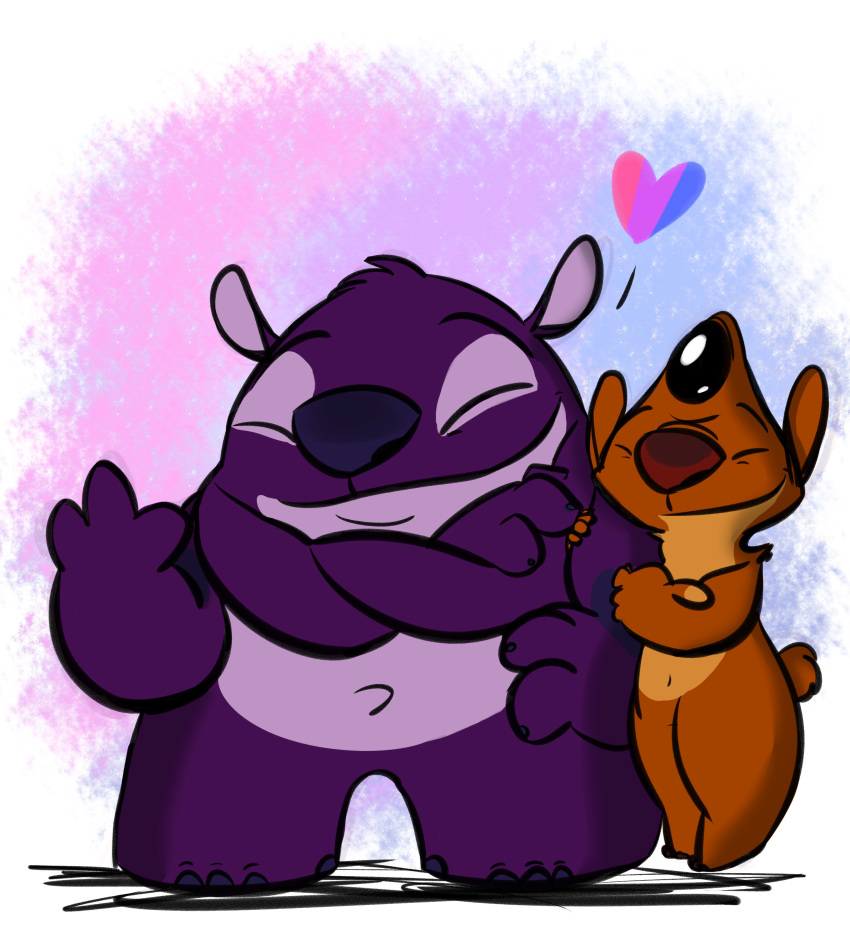 &lt;3 2019 3_fingers 4_arms 4_toes absurd_res alien arm_grab bisexual_pride_flag crossed_arms digital_drawing_(artwork) digital_media_(artwork) disney duo experiment_(species) eyes_closed fur happy head_tuft heat_(lilo_&amp;_stitch) hi_res kixx lilo_and_stitch multi_arm multi_limb orange_fur purple_fur purple_nose red_nose size_difference smile standing starryblast9 toes tuft