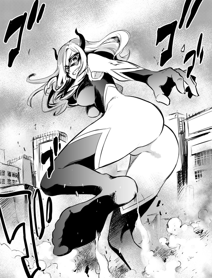 ass bodysuit boku_no_hero_academia breasts building domino_mask drill_hair feet feet_out_of_frame giantess greyscale highres kurose_kousuke large_breasts long_hair looking_back mask monochrome mount_lady sky smile solo teeth