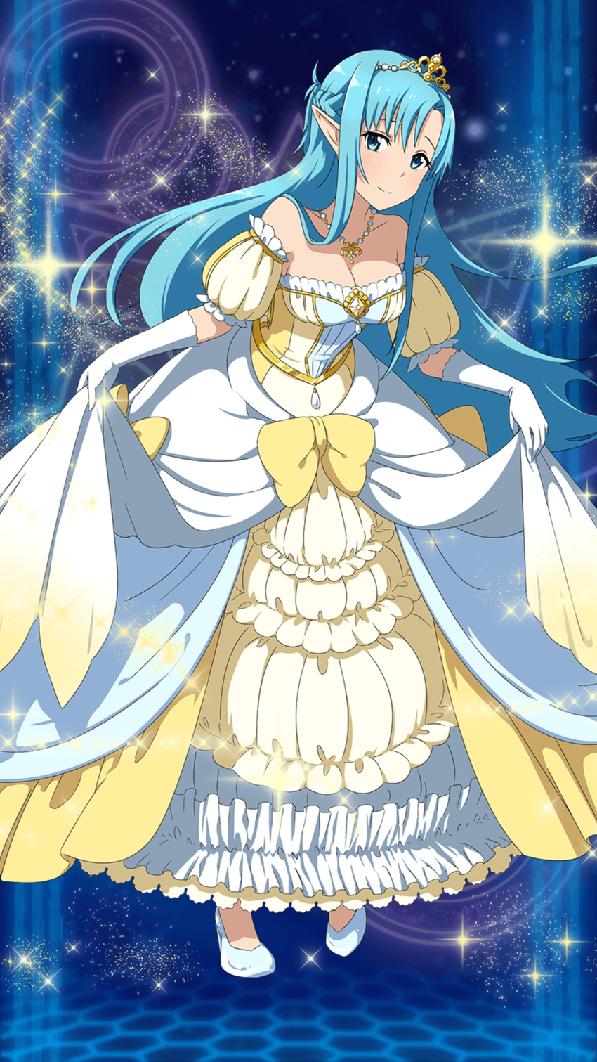 asuna_(sao) asuna_(sao-alo) bad_id bad_yandere_id blue_eyes blue_hair breasts cleavage collarbone detached_sleeves diadem dress elbow_gloves floating_hair gloves high_heels highres jewelry large_breasts long_hair looking_at_viewer necklace pointy_ears skirt_hold sleeveless sleeveless_dress smile solo standing strapless strapless_dress sword_art_online very_long_hair white_gloves yellow_dress