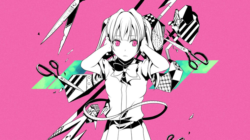 bow covering_ears cowboy_shot highres looking_to_the_side nou official_art original pink_background pink_eyes school_uniform scissors shippaisaku_shoujo_(vocaloid) short_sleeves simple_background skirt solo tape_measure twintails vocaloid