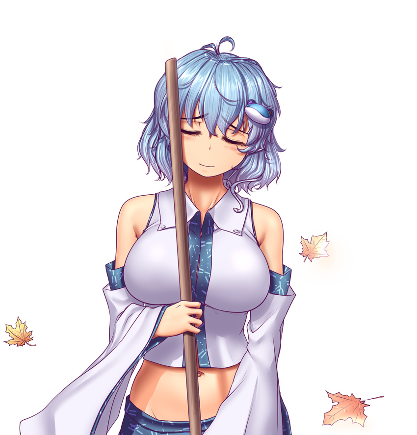 antenna_hair blue_hair breasts closed_eyes commentary cosplay cowboy_shot crop_top detached_sleeves eyebrows_visible_through_hair frog_hair_ornament hair_ornament hater_(hatater) highres kochiya_sanae kochiya_sanae_(cosplay) large_breasts leaf maple_leaf midriff navel nontraditional_miko short_hair simple_background snake_hair_ornament solo tatara_kogasa touhou white_background wide_sleeves