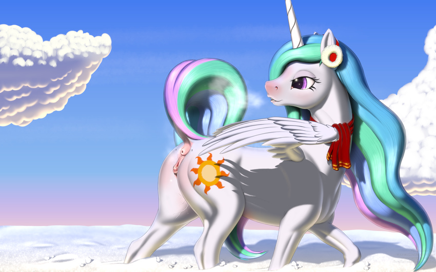 2017 absurd_res anatomically_correct anatomically_correct_pussy animal_genitalia animal_pussy butt caelacanthe cloud cutie_mark dock equine equine_pussy feathered_wings feathers female feral friendship_is_magic hair hi_res horn long_hair looking_back mammal multicolored_hair my_little_pony outside princess_celestia_(mlp) pussy sky snow solo vein white_feathers winged_unicorn wings winter