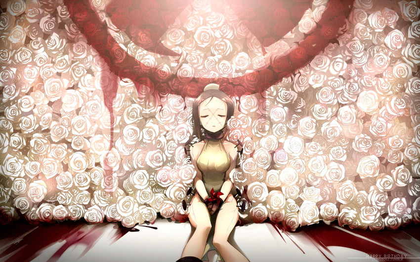 1girl against_wall bangs bare_shoulders blood breasts brown_hair bun_cover carol_(skullgirls) collar eyes_closed flower happy_birthday hospital_gown md5_mismatch medium_breasts nail ng_(kimjae737) painwheel_(skullgirls) parted_bangs pinwheel scar short_hair sitting skullgirls solo stitches too_many_flowers