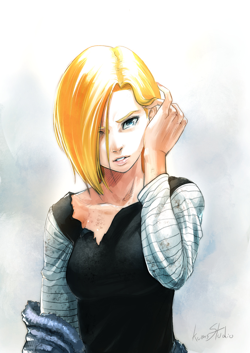 1girl android_18 bangs blonde_hair cheeks dirty_clothes dragonball_z female fingernails fingers forehead hair_over_one_eye lips looking_at_viewer nail_polish side_bangs solo tagme torn_clothes