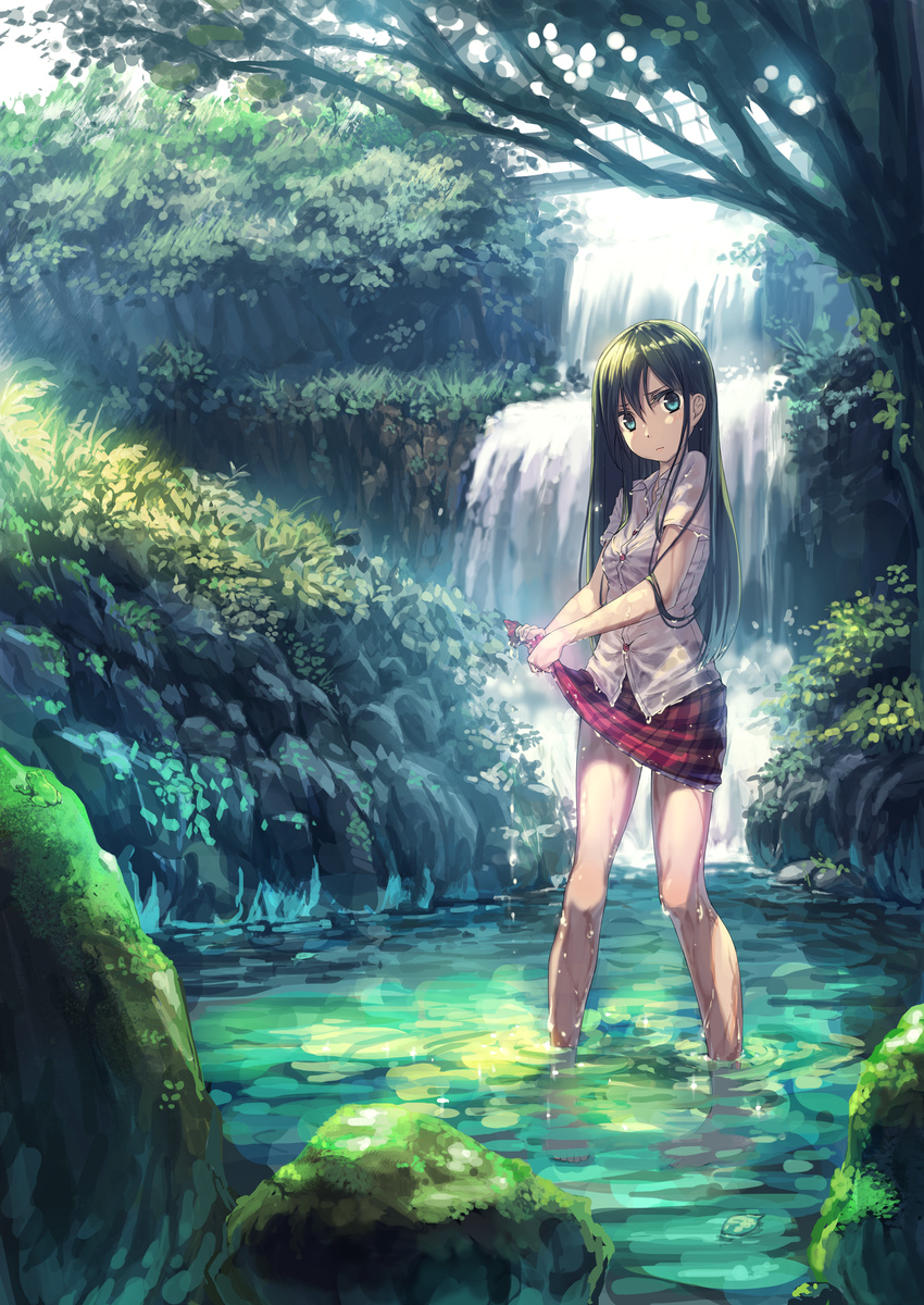 bangs bare_legs barefoot blue_eyes bra breasts day dress_shirt green_hair hair_between_eyes highres kamome_yuu light_frown long_hair looking_at_viewer moss nature original outdoors plaid plaid_skirt red_skirt rock scenery see-through shirt short_sleeves skirt small_breasts solo stream striped striped_bra tree underwear wading water waterfall wet wet_clothes wet_shirt white_shirt wide_shot wringing_clothes wringing_skirt