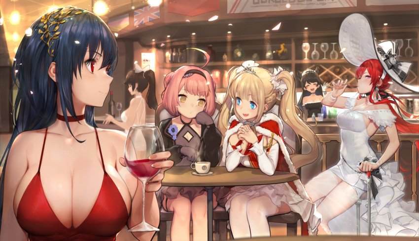 6+girls absurdres ahoge alcohol amazon_(azur_lane) animal_ears atago_(azur_lane) azur_lane bangs bare_legs bare_shoulders black_dress black_gloves black_hair blonde_hair blue_eyes blush bonet bow breasts bridal_gauntlets choker cleavage closed_mouth cocktail_dress cup detexted dress drinking drinking_glass earrings eyebrows_visible_through_hair eyes_closed fang gloves gorgeous_mushroom hair_between_eyes hair_flaps hair_ornament hair_ribbon halter_top halterneck hat hat_bow headband highres jewelry large_breasts long_hair looking_at_viewer low_ponytail maid_headdress monarch_(azur_lane) multiple_girls official_art open_mouth pink_hair ponytail red_choker red_dress red_eyes red_hair ribbon sidelocks sitting smile star star_earrings sun_hat taihou_(azur_lane) taihou_(forbidden_feast)_(azur_lane) takao_(azur_lane) thighhighs thighlet third-party_edit twintails u-81_(azur_lane) white_bow white_dress white_legwear wine wine_glass yellow_eyes