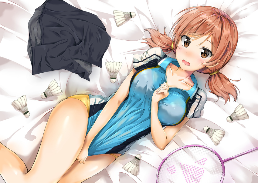 badminton_racket bra_through_clothes breasts brown_eyes highres idolmaster idolmaster_cinderella_girls komatsu_ibuki kuria_(clear_trip_second) large_breasts looking_at_viewer on_bed open_mouth orange_hair panties racket shorts shorts_removed shuttlecock solo twintails underwear