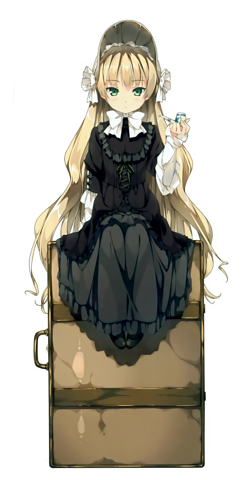 :| absurdres bangs black_dress black_footwear blonde_hair blunt_bangs bonnet buttons closed_mouth cross-laced_clothes dot_nose dress expressionless eyebrows_visible_through_hair fingernails frilled_dress frills full_body gosick gothic_lolita green_eyes highres holding holding_pipe kantoku lolita_fashion long_hair long_sleeves looking_at_viewer neck_ribbon pipe ribbon shadow shiny shiny_hair shoes simple_background sitting solo source_request suitcase tsurime very_long_hair victorica_de_blois wavy_hair white_background white_ribbon