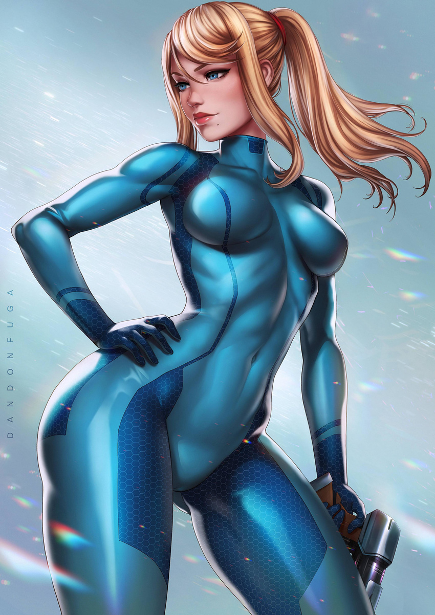 absurdres arm_at_side armpits artist_name ass_visible_through_thighs bangs blonde_hair blue_background blue_bodysuit blue_eyes bodysuit breasts breasts_apart cameltoe closed_mouth contrapposto covered_collarbone covered_navel cowboy_shot dandon_fuga gloves gradient gradient_background gun hair_between_eyes hair_tie hand_on_hip handgun high_ponytail highres hips holding holding_gun holding_weapon honeycomb_(pattern) impossible_bodysuit impossible_clothes jpeg_artifacts leaning_to_the_side legs_apart light_smile lips lipstick long_hair looking_away looking_to_the_side makeup mascara medium_breasts metroid metroid:_other_m mole mole_under_mouth paralyzer parted_bangs ponytail rainbow realistic red_lipstick ribs samus_aran shiny shiny_clothes sidelocks skin_tight smile solo standing stun_gun swept_bangs thighs toned weapon zero_suit