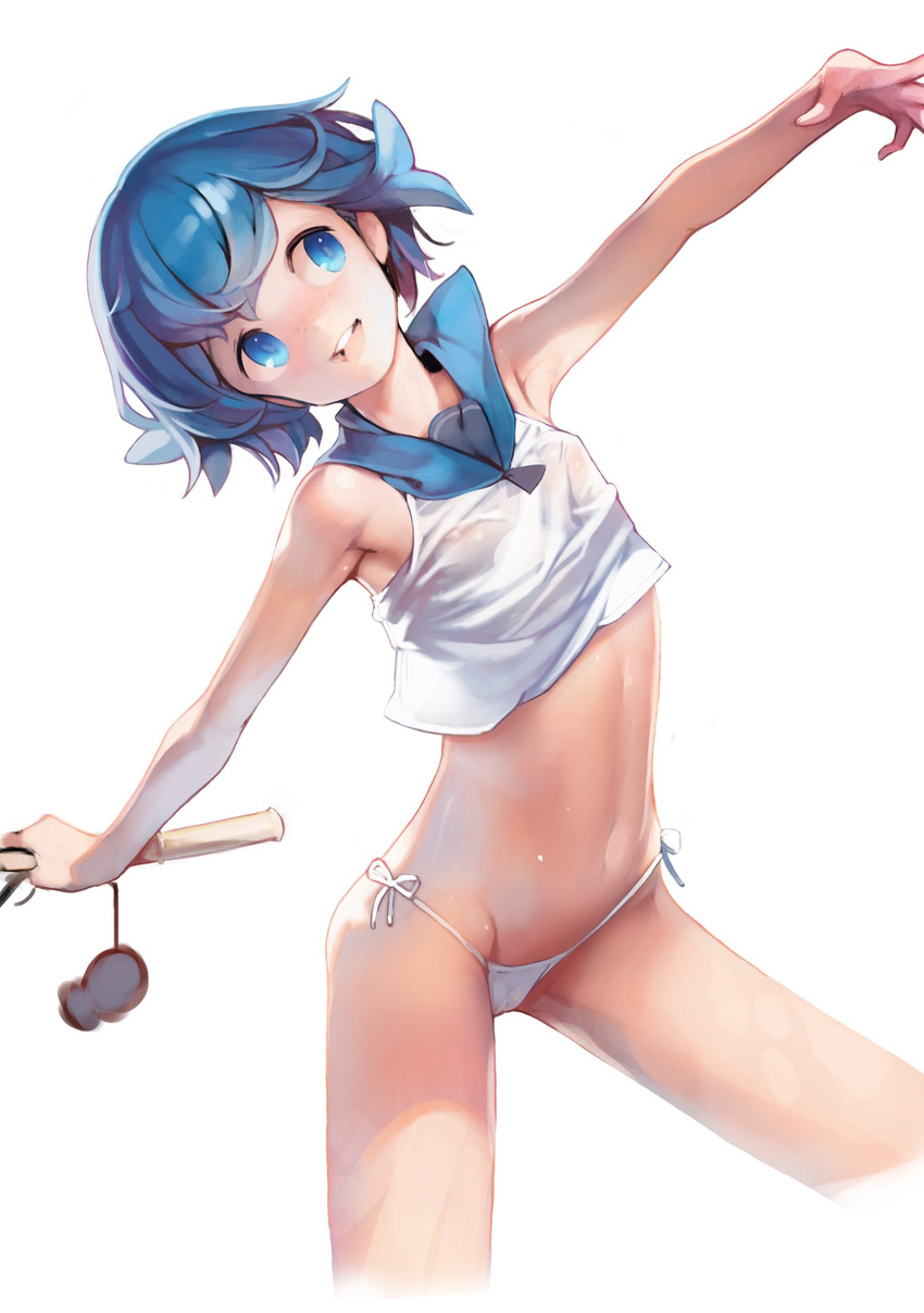 :d armpits ataruman bare_arms bikini bikini_bottom blue_eyes blue_hair blue_sailor_collar cameltoe covered_nipples crop_top fishing_rod flat_chest highres open_mouth outstretched_arms petite pokemon pokemon_(game) pokemon_sm sailor_collar see-through short_hair side-tie_bikini simple_background sleeveless smile solo spread_arms stomach suiren_(pokemon) swimsuit trial_captain white_background white_bikini_bottom