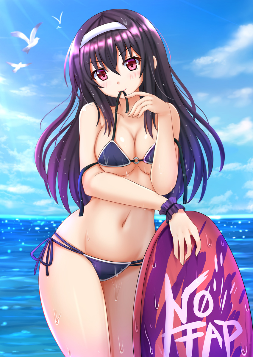 &gt;:) animal bare_shoulders bikini bird blue_sky blush breast_squeeze breasts cleavage closed_mouth cloud collarbone commentary cowboy_shot day dripping english groin hairband head_tilt highres holding horizon kasumigaoka_utaha kazenokaze light_rays long_hair looking_at_viewer medium_breasts mouth_hold multi-strapped_bikini navel o-ring o-ring_bikini o-ring_top ocean outdoors pink_eyes purple_bikini purple_hair purple_ribbon ribbon saenai_heroine_no_sodatekata scrunchie seagull shiny shiny_skin side-tie_bikini sky smile solo standing stomach summer sunbeam sunlight surfboard swimsuit untied untied_bikini v-shaped_eyebrows water water_drop wet wet_hair white_hairband wrist_scrunchie