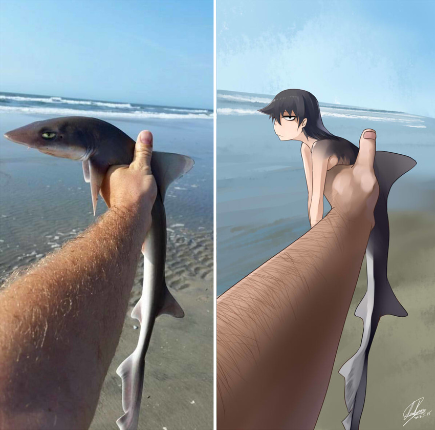 1girl animal arm_hair beach black_eyes black_hair blue_sky breast_press breasts darkmaya dated day fingernails glaring green_eyes holding jitome long_hair looking_at_viewer mermaid minigirl monster_girl nude ocean outdoors outstretched_arm personification photo profile real_life reference_photo reference_photo_inset sand shark shark_girl shore sideboob signature sky sunlight unamused waves