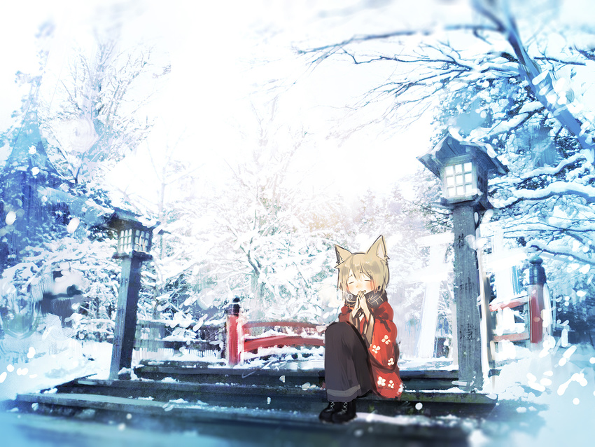 alt_(apou) animal_ears blonde_hair blush closed_eyes japanese_clothes lantern original scarf sitting snow solo star tree wide_sleeves