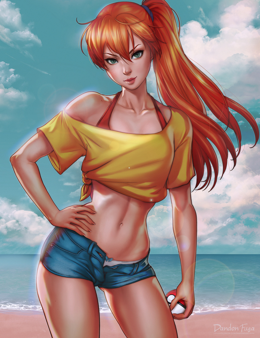 absurdres ass_visible_through_thighs beach bow bow_panties breasts collarbone contrapposto cowboy_shot dandon_fuga day denim denim_shorts green_eyes halterneck hand_on_hip highres kasumi_(pokemon) lips long_hair looking_at_viewer medium_breasts midriff off-shoulder_shirt outdoors paid_reward panties patreon_reward poke_ball poke_ball_(generic) pokemon pokemon_(anime) pokemon_(classic_anime) red_hair shirt short_shorts shorts side_ponytail solo standing tied_shirt underwear white_panties
