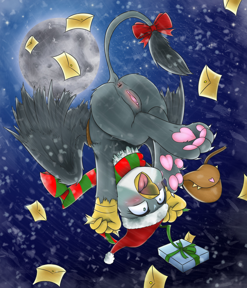 absurd_res anus avian beak butt christmas envelope feathered_wings feathers female feral friendship_is_magic full_moon fur gabby_(mlp) gift gryphon hat hi_res holidays mailbag monanniverse moon my_little_pony outside paws pussy santa_hat scarf snow solo tongue wings