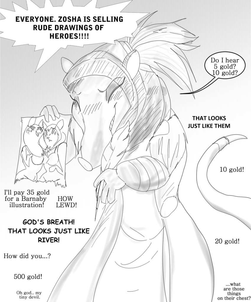 anthro armello blush breasts canine clothing dialogue drawing english_text eyelashes eyes_closed fox frown greyscale grin kl0ndike mammal monochrome open_mouth paper rat river_(armello) rodent scarlet_(armello) smile solo_focus speech_bubble text unseen_character wolf zosha_(armello)