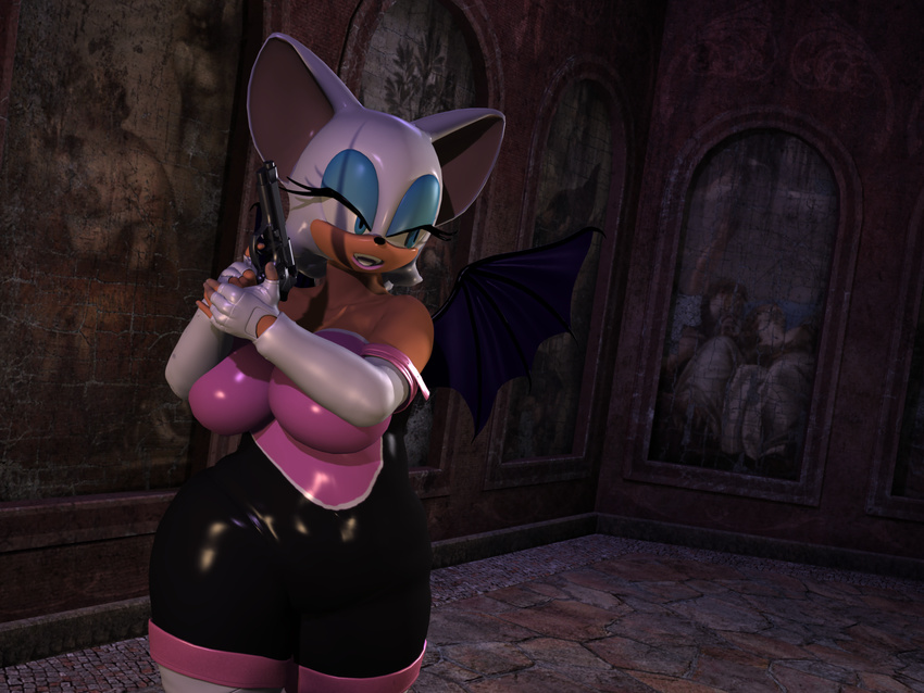 2016 3d_(artwork) anthro bat big_breasts black_nose blue_eyes blx24 boots breasts clothed clothing digital_media_(artwork) female fingerless_gloves footwear fur gloves gun hair hi_res inside legwear lips makeup mammal pink_lips ranged_weapon rouge_the_bat rubber solo sonic_(series) standing thigh_high_boots weapon white_fur white_hair wings