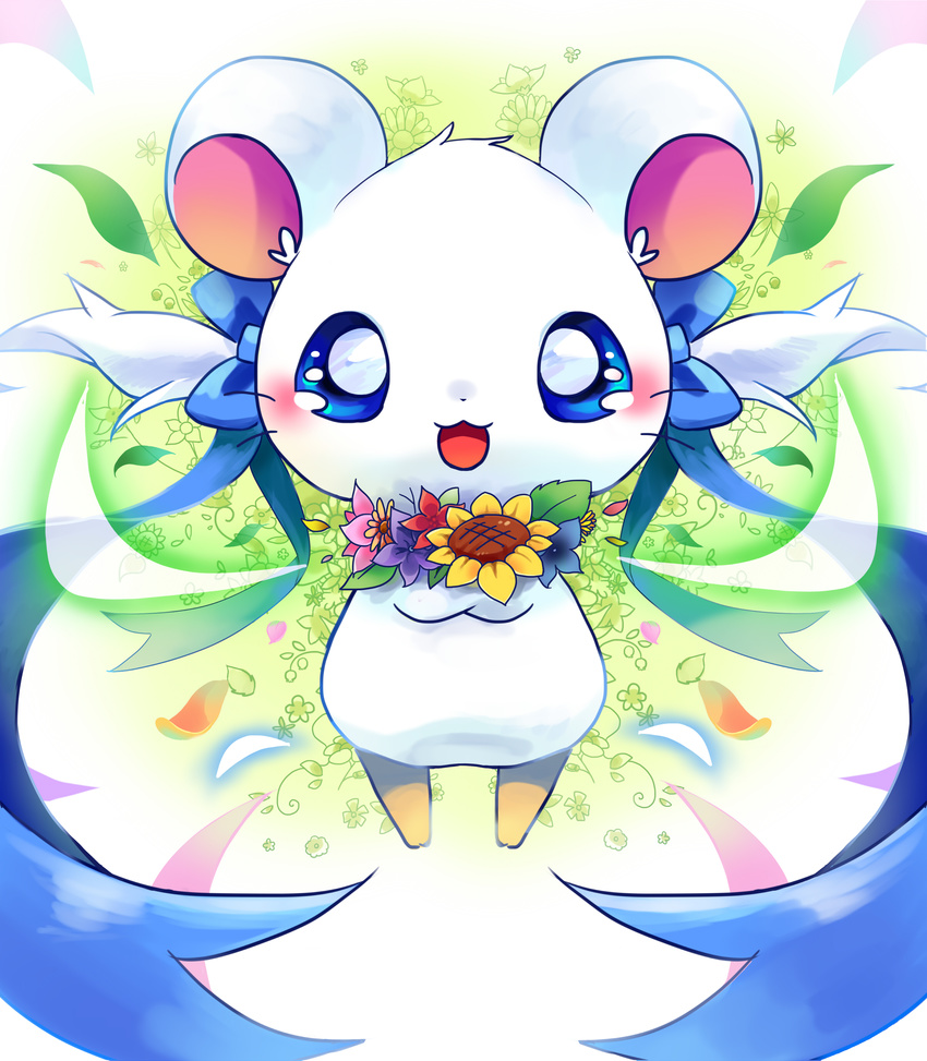 bijou blue_eyes blue_glow blush female feral flower fur green_glow hamster hamtaro_(series) leaves mammal open_mouth plant ribbons rodent simple_background solo sunflower ucjpsm white_fur