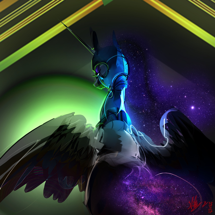 2017 abstract_background alumx armor blue_eyes blue_hair cosmic_hair equine feathered_wings feathers female feral friendship_is_magic hair helmet horn jewelry mammal my_little_pony necklace nightmare_moon_(mlp) solo winged_unicorn wings