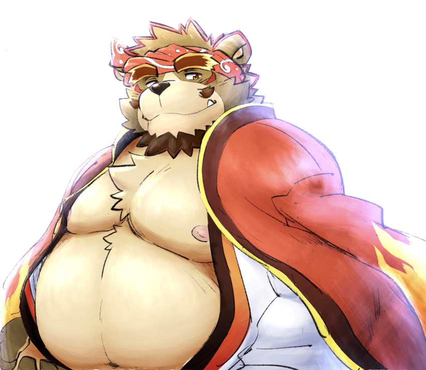 2019 anthro belly clothed clothing gokrakstyle male mammal moobs navel nipples overweight overweight_male saigou_shirou sengoku_puzzle simple_background solo ursine white_background