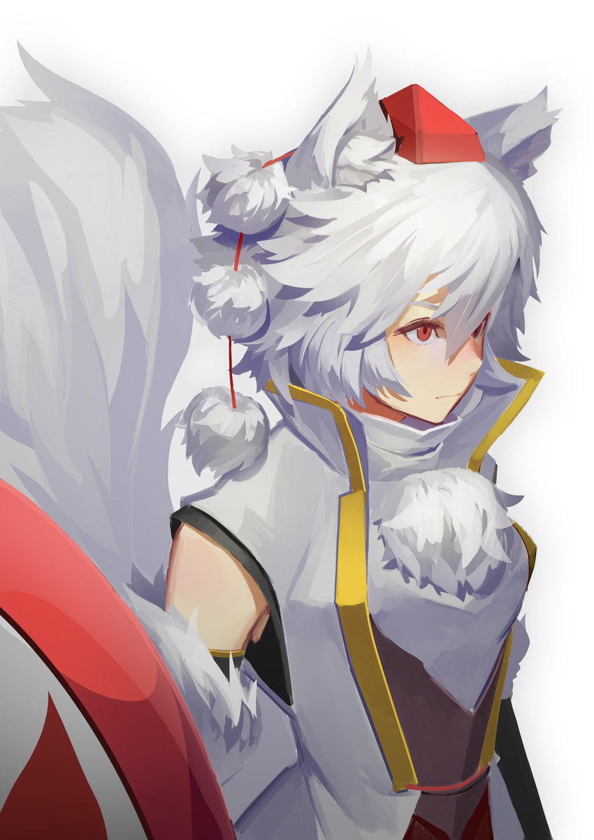 absurdres animal_ears bare_shoulders breasts detached_sleeves fps hat highres inubashiri_momiji leaf maple_leaf medium_breasts pom_pom_(clothes) red_eyes shield short_hair silver_hair simple_background solo tail tokin_hat touhou white_background wolf_ears wolf_tail