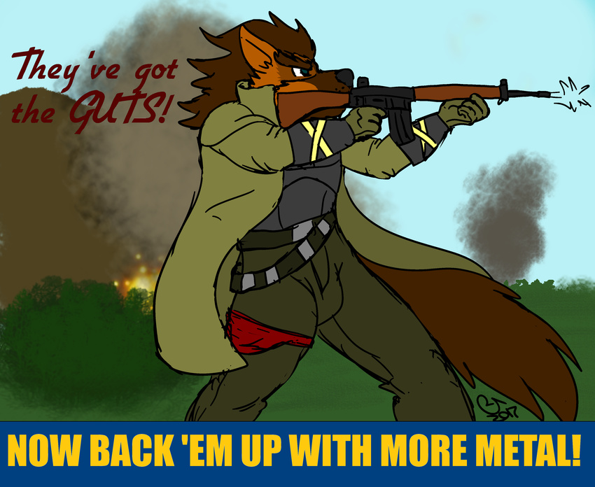 ar18 arcanine armor ashtrek_(artist) assault_rifle caseyljones chez chez_blackpaw duster_(coat) explosion foo_dog gun hi_res nintendo pok&eacute;mon poster propaganda ranged_weapon rifle smoke trenchcoat video_games weapon