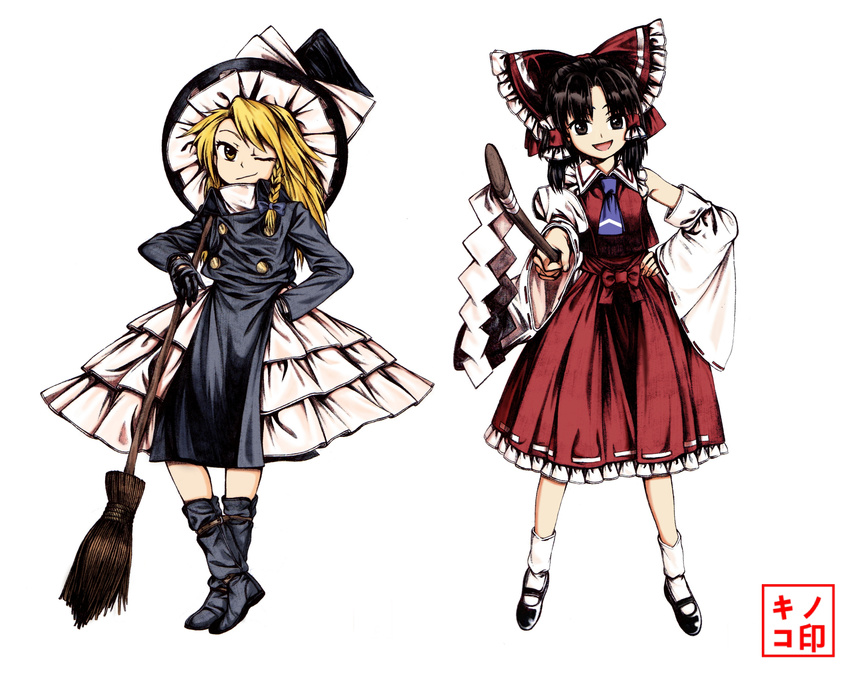 absurdres ascot ballpoint_pen_(medium) black_coat black_eyes black_gloves black_hair blonde_hair boots bow braid broom commentary crop_top detached_sleeves double-breasted full_body gloves hair_bow hair_tubes hakurei_reimu hat highres kirisame_marisa layered_skirt long_hair long_sleeves multiple_girls mushroom_(osh320) one_eye_closed open_mouth petticoat red_skirt shirt single_braid skirt skirt_set smirk touhou traditional_media trench_coat white_skirt witch_hat yellow_eyes