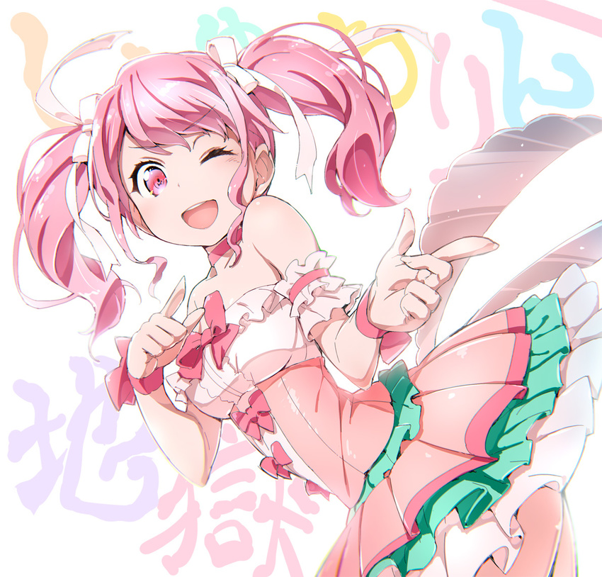 ;d akata_itsuki bang_dream! bangs bow choker detached_sleeves dress frilled_dress frilled_sleeves frills hair_ribbon looking_at_viewer maruyama_aya one_eye_closed open_mouth pink_bow pink_choker pink_dress pink_eyes pink_hair pointing ribbon round_teeth short_sleeves sidelocks smile solo strapless strapless_dress teeth twintails upper_teeth v-shaped_eyebrows wrist_bow