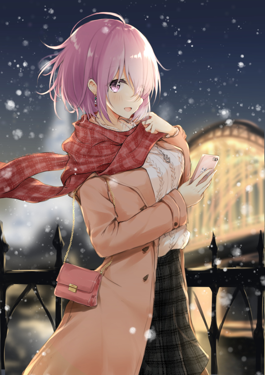 1girl :d absurdres aran_sweater bag bangs black_skirt blurry blurry_background brown_coat cellphone coat commentary_request depth_of_field earrings eyebrows_visible_through_hair eyes_visible_through_hair fate/grand_order fate_(series) hair_over_one_eye handbag hands_up highres holding holding_cellphone holding_phone jewelry long_sleeves mash_kyrielight necklace night night_sky open_clothes open_coat open_mouth outdoors phone pink_hair plaid plaid_skirt purple_eyes railing red_scarf scarf shoulder_bag skirt sky smile snowing solo standing sweater uzuki_tsukuyo white_sweater