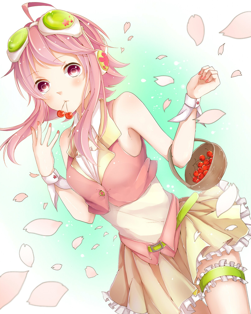1girl ahoge alternative_color arm_up bare_shoulders blush breasts cherry cuffs female food frills fruit goggles goggles_on_head goggles_removed gumi hair_between_eyes headphones high_resolution legband long_hair looking_at_viewer mai_mugi medium_breasts nail_polish petals pink_eyes pink_hair sidelocks simple_backgroundfrilled skirt sleeveless solo vocaloid