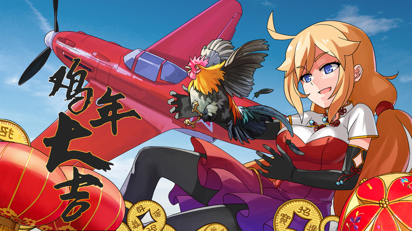 ahoge aircraft airplane bird blonde_hair blue_eyes chicken chinese_zodiac cloud commentary_request day dress elbow_gloves gloves highres lantern nanaya777 original outdoors pantyhose paper_lantern rooster sky yak-3 year_of_the_rooster yen