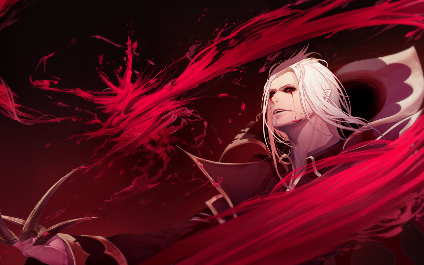 1boy absurdres blood blood_on_face bloodshot_eyes bloody_tears claws gradient gradient_background highres league_of_legends medium_hair mieyuckman open_mouth orange_eyes red_sclera solo vladimir white_hair