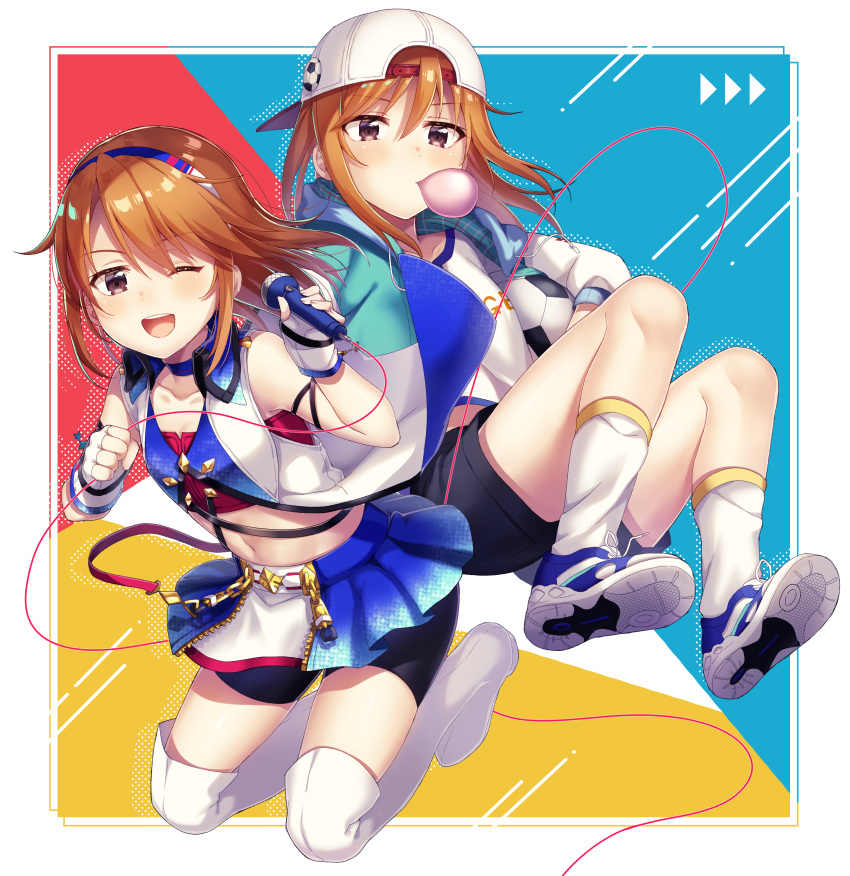 2girls ;d absurdres backwards_hat ball bangs bare_shoulders bike_shorts black_shorts blue_choker blue_skirt blush boots brown_eyes brown_hair bubble_blowing chains chewing_gum choker clothes_writing collarbone commentary_request crop_top dual_persona hair_between_eyes hairband hat highres holding holding_microphone ichiren_namiro idolmaster idolmaster_cinderella_girls jacket knees_up legs_up long_hair long_sleeves looking_at_viewer microphone midriff miniskirt multiple_girls navel one_eye_closed open_clothes open_jacket open_mouth peaked_cap pleated_skirt red_shirt shiny shiny_hair shirt shoes short_shorts shorts shorts_under_skirt sidelocks skirt sleeveless sleeveless_jacket sleeveless_shirt smile sneakers soccer_ball socks stomach the_idolm@ster the_idolm@ster_cinderella_girls thigh_boots thighhighs upper_teeth white_footwear white_jacket white_legwear white_shirt wing_collar wire yuuki_haru