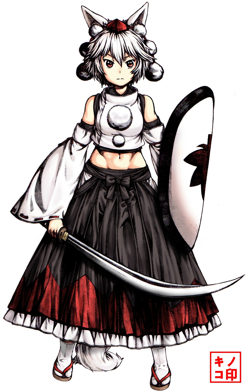 3: animal_ears black_bow black_skirt bow commentary crop_top detached_sleeves eyebrows_visible_through_hair hakama_skirt hat highres holding holding_shield holding_sword holding_weapon inubashiri_momiji long_sleeves looking_at_viewer midriff mushroom_(osh320) navel red_eyes scimitar shield short_hair skirt solo sword tail tokin_hat toned touhou v-shaped_eyebrows weapon white_hair wolf_ears wolf_tail