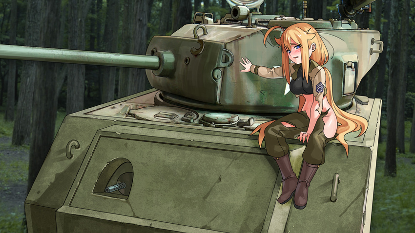 absurdres ahoge blonde_hair blue_eyes blush boots forest gloves ground_vehicle highres long_hair m4_sherman midriff military military_vehicle motor_vehicle nanaya777 nature on_vehicle original sitting tank torn_clothes turret uniform