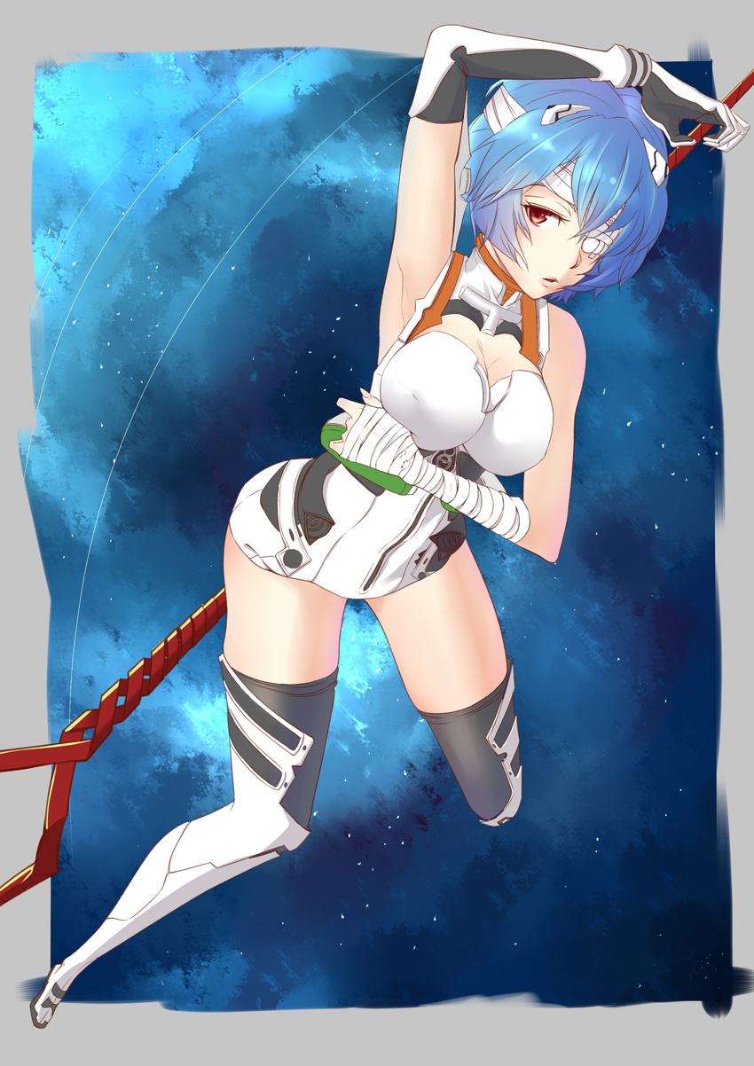 4cat absurdres adapted_costume alternate_breast_size arm_over_head arm_up armpits ayanami_rei bandage_over_one_eye bandaged_arm bandaged_head bandages bangs bare_shoulders bident black_gloves blue_hair bob_cut boots border breast_hold breasts cleavage cleavage_cutout dutch_angle elbow_gloves foreshortening gloves grey_border hair_between_eyes headgear highres impossible_clothes lance_of_longinus large_breasts legs_apart leotard lips looking_at_viewer multicolored multicolored_clothes multicolored_gloves neon_genesis_evangelion outdoors outside_border parted_bangs parted_lips pilot_suit plugsuit polearm red_eyes short_hair solo space star_(sky) thigh_boots thighhighs weapon white_footwear white_gloves white_legwear white_leotard