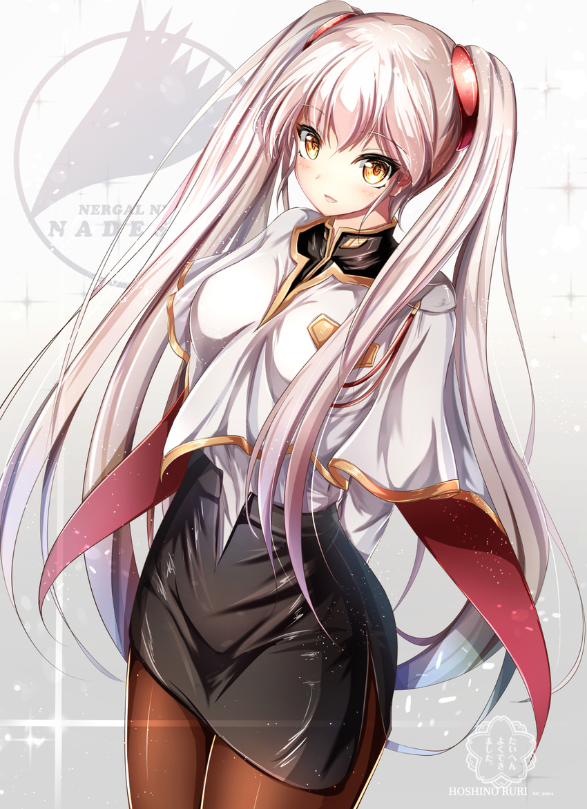 breasts brown_legwear cape commentary_request haguruma_(hagurumali) hair_bobbles hair_ornament highres hoshino_ruri kidou_senkan_nadesico long_hair long_sleeves looking_at_viewer medium_breasts pantyhose silver_hair skirt solo twintails uniform yellow_eyes