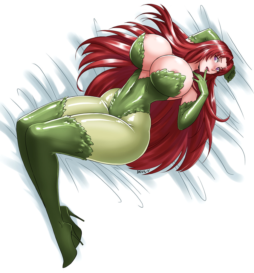 1girl areola_slip breasts cleavage dc_comics devil-v gloves huge_breasts leotard lying_on_bed original poison_ivy poison_ivy_(cosplay) purple_eyes red_hair