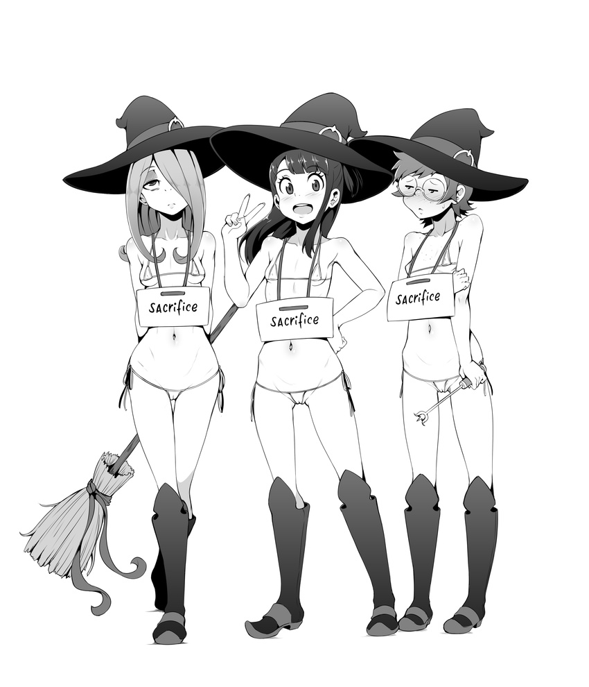 absurdres bikini blush breasts broom cameltoe ghettoyouth glasses greyscale groin hair_over_one_eye hat highres kagari_atsuko little_witch_academia lotte_jansson micro_bikini monochrome multiple_girls navel simple_background small_breasts smile standing sucy_manbavaran swimsuit v witch witch_hat