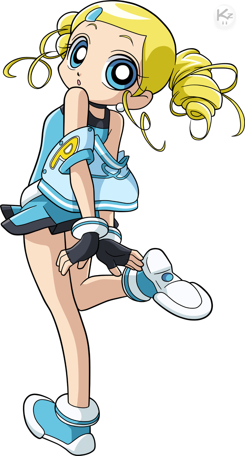 bad_source bare_shoulders belt blonde_hair blue_eyes choker drill_hair fingerless_gloves gloves goutokuji_miyako hair_ornament hairclip highres jacket krizeii looking_at_viewer looking_back powerpuff_girls_z rolling_bubbles transparent_background twin_drills