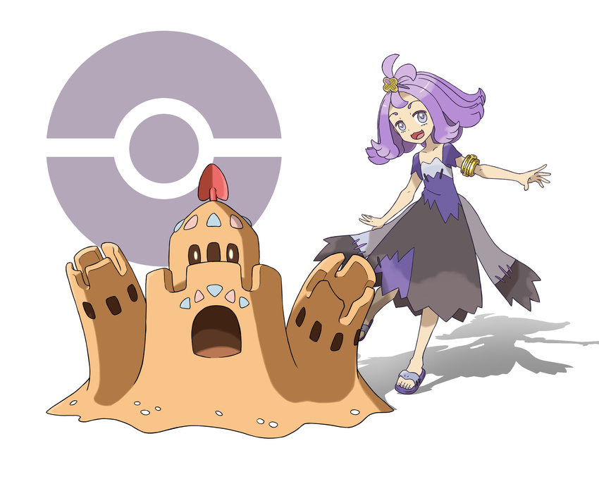 :3 :d acerola_(pokemon) armlet bare_arms collarbone dress elite_four eyelashes flat_chest flipped_hair gen_7_pokemon hair_ornament highres leaning_to_the_side leg_up legs_apart looking_at_viewer looking_away looking_to_the_side looking_up official_style open_mouth outstretched_arms palossand poke_ball pokemon pokemon_(creature) pokemon_(game) pokemon_sm purple_hair purple_pupils raised_eyebrows sand sand_castle sand_sculpture sandals shadow short_hair short_sleeves shovel silver_eyes simple_background smile solo standing standing_on_one_leg stitches teru_zeta toenails torn_clothes torn_dress torn_sleeves white_background