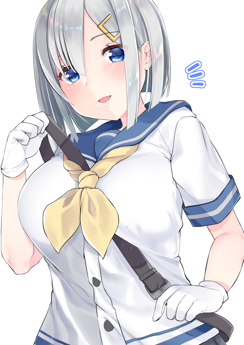 absurdres between_breasts blue_eyes blush breasts buta_tamako eyes_visible_through_hair gloves hair_ornament hair_over_one_eye hairclip hamakaze_(kantai_collection) highres kantai_collection large_breasts lips looking_at_viewer parted_lips school_uniform serafuku short_hair short_sleeves silver_hair solo strap_cleavage upper_body white_gloves