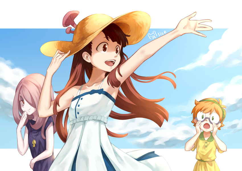 absurdres alternate_costume armpits brown_eyes brown_hair casual dress glasses green_eyes hair_over_one_eye hat highres kagari_atsuko little_witch_academia long_hair lotte_jansson multiple_girls open_mouth orange_hair pale_skin purple_hair red_eyes shi_rou_tu_alice short_hair smile sucy_manbavaran sundress